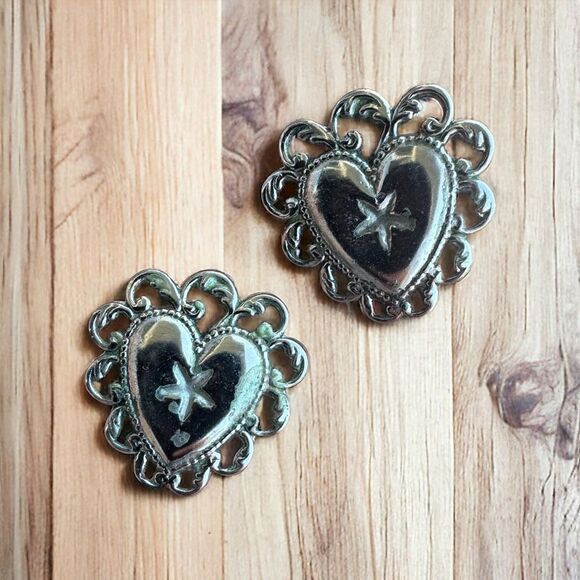 Silver Tone Ornate Framed Heart Stud Earrings - Picture 1 of 4